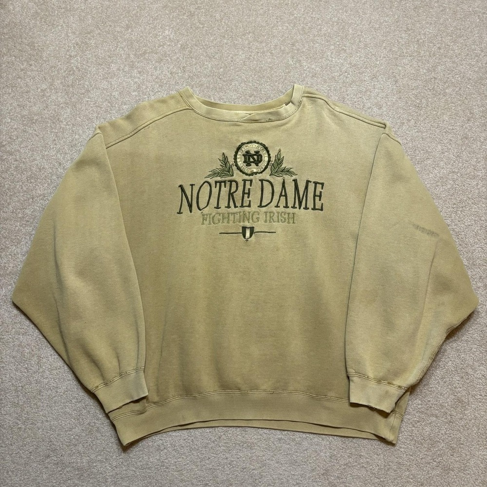 Vtg Notre Dame Fighting Irish Sweatshirt Mens XL Beige NCAA Embroidered Crewneck